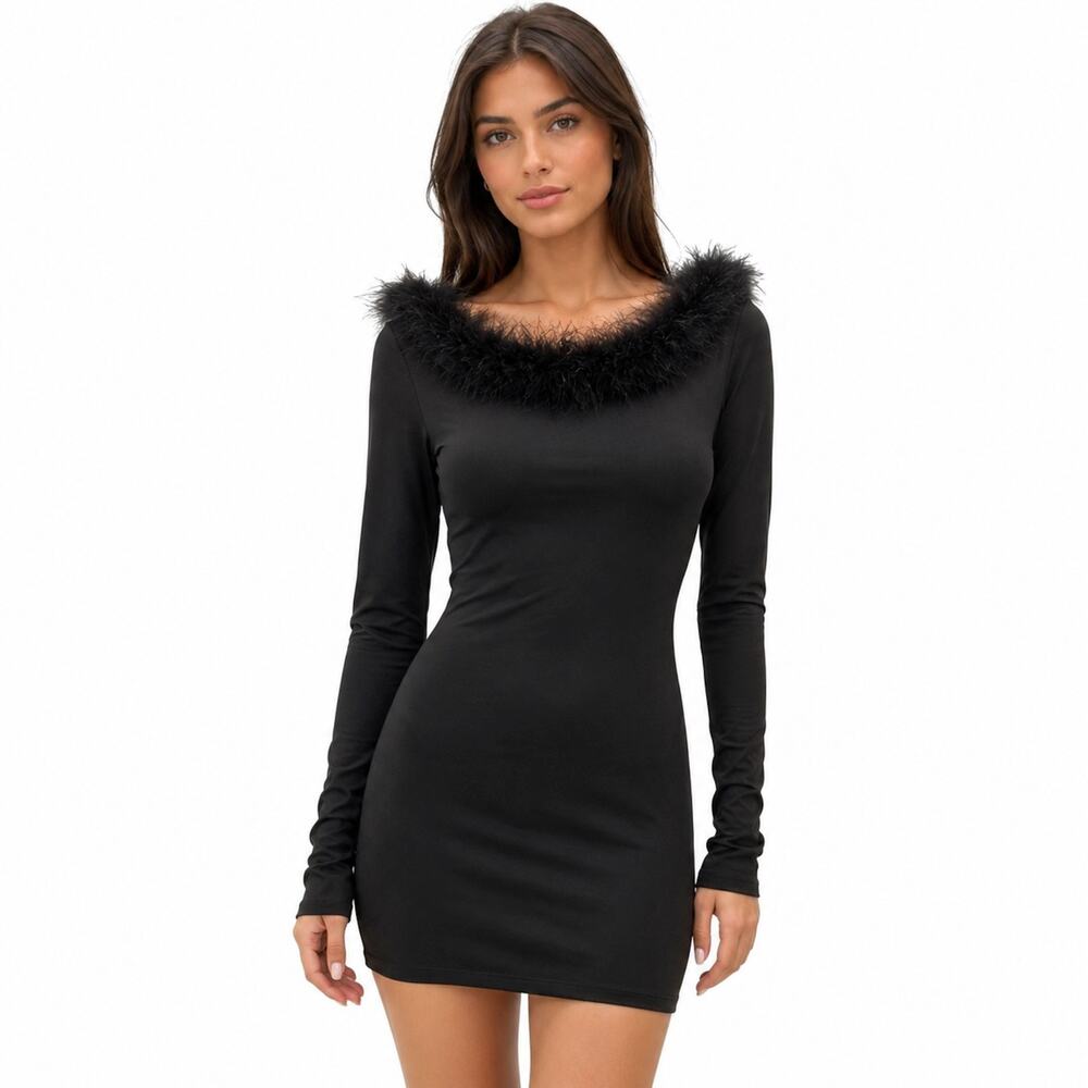 Nadia Aboulhosn Black Feather Trim Mini Dress Y2K Style Bodycon Party Dress S
